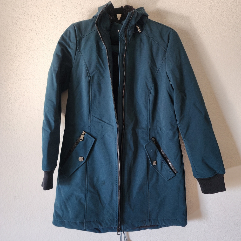 Calvin Klein Dark Green Fur Lined Jacket Medium Women’s Water Resistant Parka